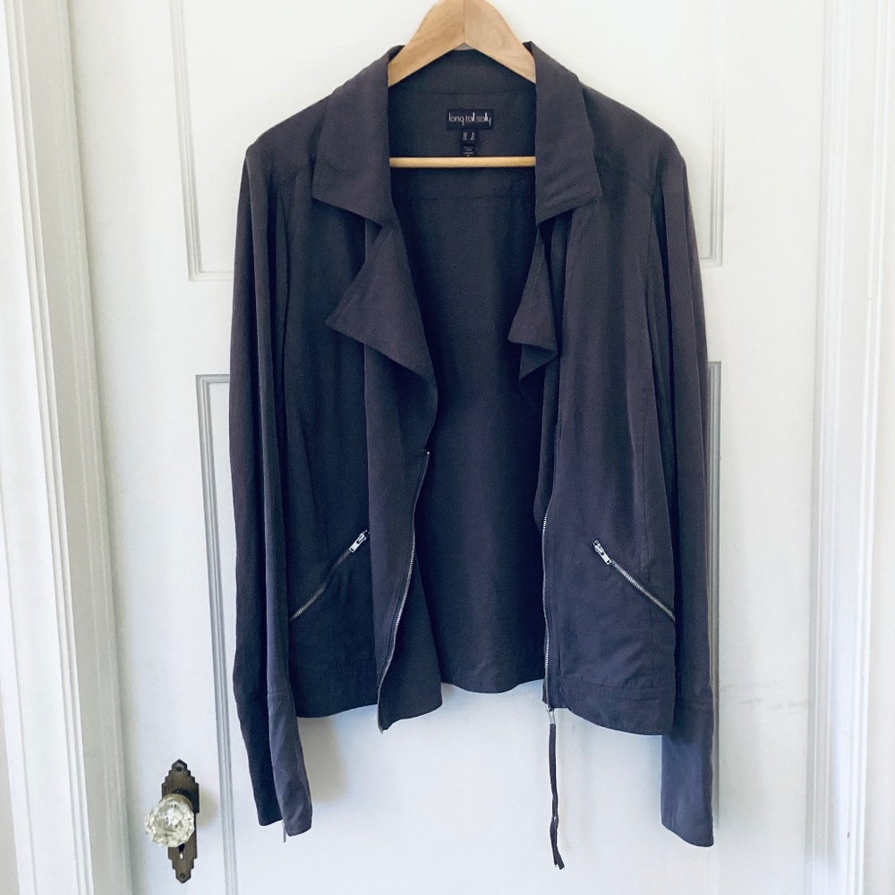 Long Tall Sally Jacket Size 12 Lyocell Gray Double Breasted Zipper Moto Biker - Picture 12 of 13